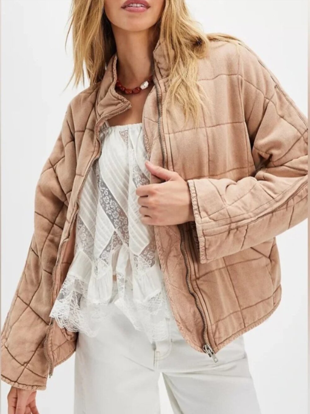 FREE PEOPLE Dolman Quilted Knit Jacket in Champagne Diamonds - Picture 1 of 9
